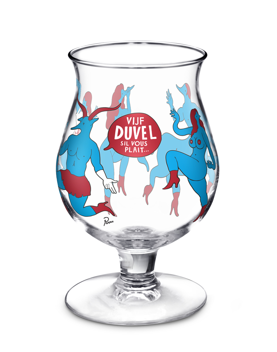 Duvel 0.4L glass featuring Parra artwork